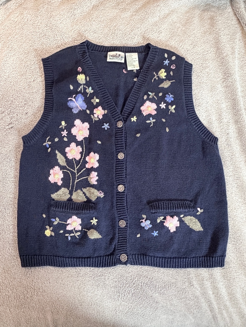 Vintage Northern Reflections Floral Embroidered Sweater Vest Sz L Cottagecore